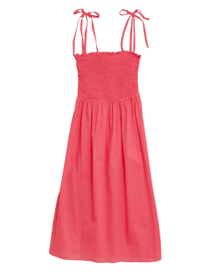 

Womens M&S Collection Pure Cotton Shirred Midi Dress - Flamingo, Flamingo