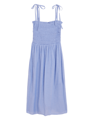 

Womens M&S Collection Pure Cotton Shirred Midi Dress - Chambray, Chambray