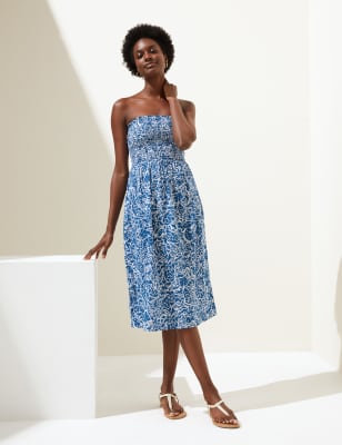 Blue Ditsy Floral Print Shirred Dress