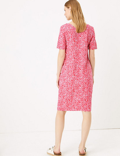 Linen Blend Floral V-Neck Shift Dress