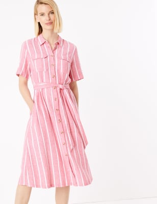 A-LINE STRIPED BELTED MIDI DRESS