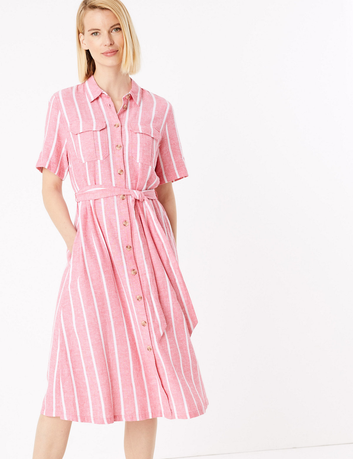 Linen Striped Belted Midi Shirt Dress