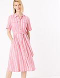 Linen Striped Belted Midi Shirt Dress
