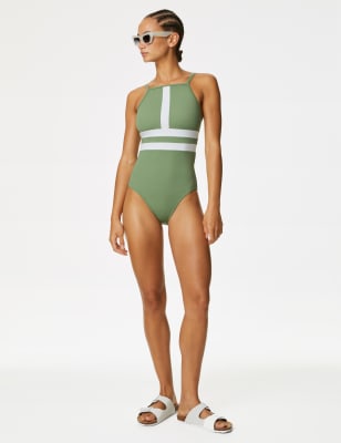

Womens Goodmove Paneled High Neck Swimsuit - Green, Green