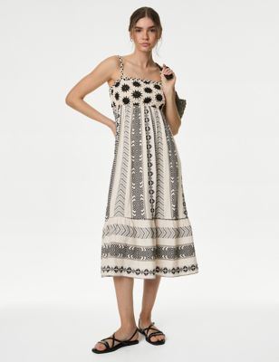 M&S Womens Pure Cotton Printed Textured Midaxi Beach Dress - 14 - Black Mix, Black Mix