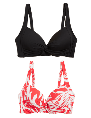 

Womens M&S Collection 2 Pack Twist Front Plunge Bikini Tops - Red Mix, Red Mix