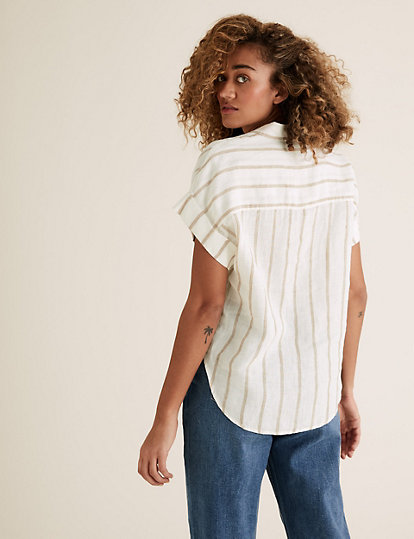 Pure Linen Striped Short Sleeve Shirt