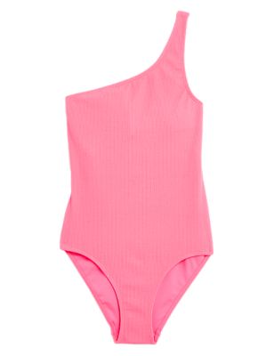 M&S Womens Textured One Shoulder Swimsuit - 16 - Bubblegum, Bubblegum,Black