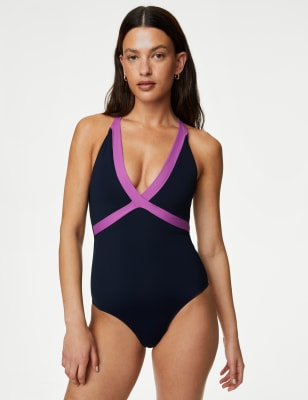 

Womens M&S Collection Einfarbiger, wattierter Plunge-Badeanzug - Navy Mix, Navy Mix