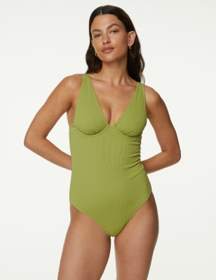 

Womens M&S Collection Ribbed Wired Plunge Swimsuit - Medium Green, Medium Green