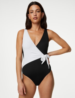 

Womens M&S Collection Tummy Control Wrap Plunge Swimsuit - Black Mix, Black Mix