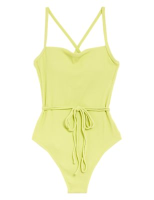 M&S Womens Ribbed Padded Square Neck Swimsuit - 16 - Soft Lime, Soft Lime,Black,Petal Pink
