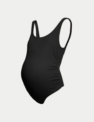 M&S Women's Maternity Padded Ruched Scoop Neck Swimsuit - 16 - Black, Black,Flame