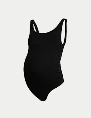 M&S Women's Maternity Padded Ruched Scoop Neck Swimsuit - 16 - Black, Black,Flame