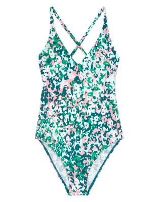 M&S Womens Printed Tie Detail Plunge V-Neck Swimsuit - 8 - Green Mix, Green Mix,Pink Mix