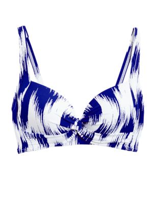 M&S Womens Printed Padded Plunge Bikini Top - 8 - Blue Mix, Blue Mix