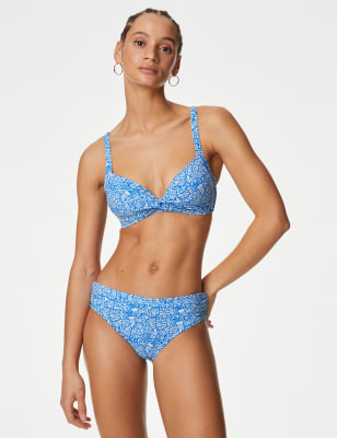 M&S Womens Printed Padded Plunge Bikini Top - 20 - Bright Blue Mix, Bright Blue Mix,Turquoise Mix