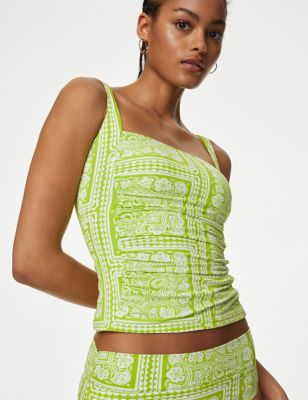 M&S Women's Tummy Control Printed Padded Tankini Top - 16 - Lime Mix, Lime Mix