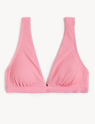 M&S Womens Ribbed Padded Plunge V-Neck Bikini Top - 16 - Petal Pink, Petal Pink,Bright Green