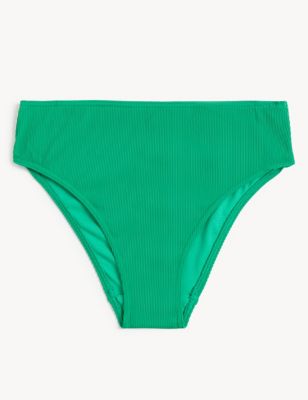 M&S Womens Ribbed High Waisted High Leg Bikini Bottoms - 24 - Bright Green, Bright Green,Petal Pink