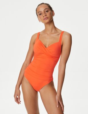 

Womens M&S Collection Tummy Control Padded Ruched Plunge Swimsuit - Tangerine, Tangerine
