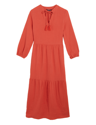 

Womens M&S Collection Maxi-Stufenkleid aus reiner Baumwolle mit V-Ausschnitt - Bright Orange, Bright Orange