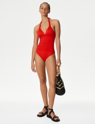

M&S Collection Bañador fruncido con relleno escotado con cuello HalterWomens - Poppy, Poppy