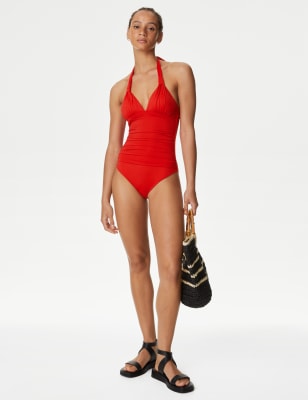 

Womens M&S Collection Padded Ruched Halterneck Plunge Swimsuit - Poppy, Poppy