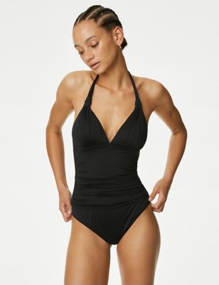 M&S Women's Padded Ruched Halterneck Plunge Swimsuit - 16 - Black, Black