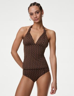 M&S Womens Tummy Control Printed Plunge Tankini Top - 16 - Brown Mix, Brown Mix
