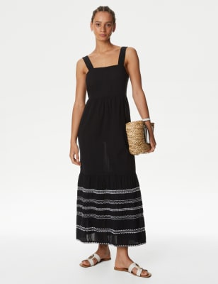 

M&S Collection Vestido playero maxi a media pierna 100% algodón bordadoWomens - Black Mix, Black Mix