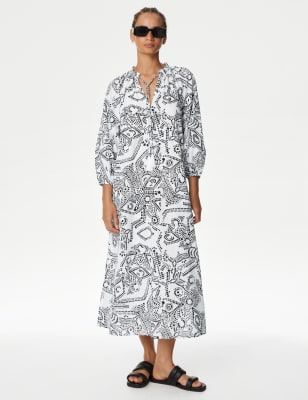 

Womens M&S Collection Pure Cotton Printed Midi Kaftan Dress - White Mix, White Mix