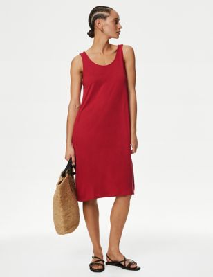 M&S Women's Jersey Round Neck Knee Length Slip Dress - Ruby Red, Ruby Red