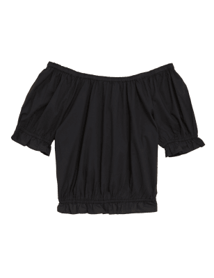 

Womens M&S Collection Kurzes Oberteil aus reiner Baumwolle mit freien Schultern - Black, Black