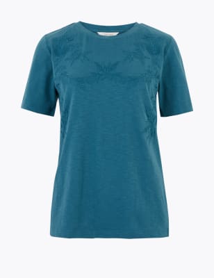 Puur katoenen T-shirt met geborduurd detail