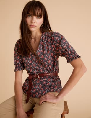 Womens Per Una Top à manches bouffantes, col en V et motif fleuri - Black Mix