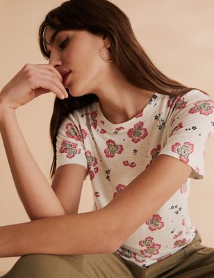 Womens Per Una T-shirt en lin à encolure ronde et motif fleuri - Ivory Mix