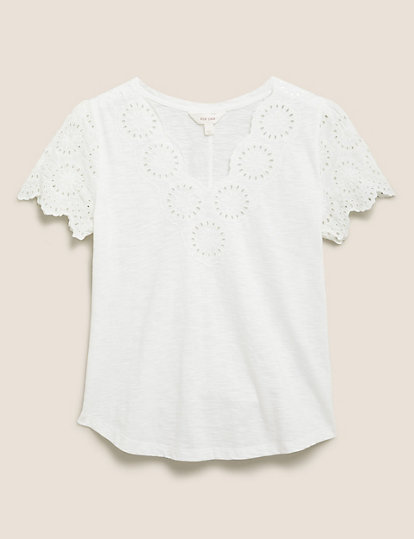 Pure Cotton Embroidered V-Neck T-Shirt
