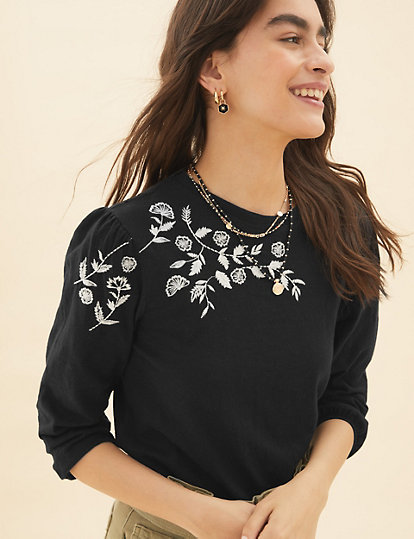 Pure Cotton Embroidered 3/4 Sleeve Top