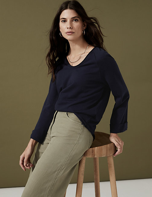Marks And Spencer Womens Per Una Pure Cotton V-Neck Sweatshirt - Dark Navy, Dark Navy