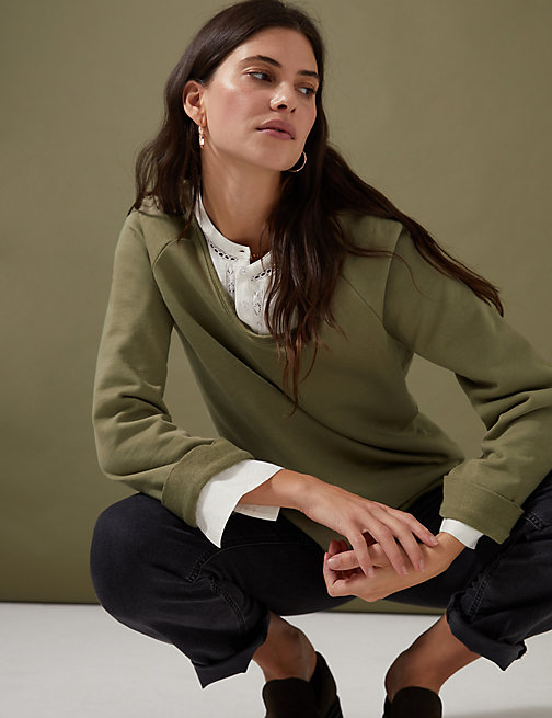 Marks And Spencer Womens Per Una Pure Cotton V-Neck Sweatshirt - Faded Khaki, Faded Khaki