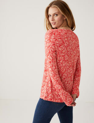 

Womens Per Una Linen Blend Printed Round Neck Top - Red Mix, Red Mix