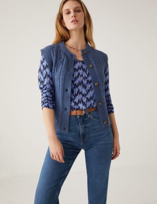 

Womens Per Una Oberteil aus Leinenmischung mit Rundhalsausschnitt und Muster - Blue Mix, Blue Mix