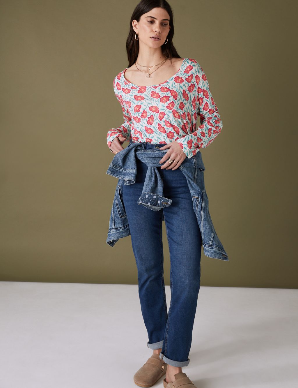 Linen Blend Printed Round Neck Top image 2