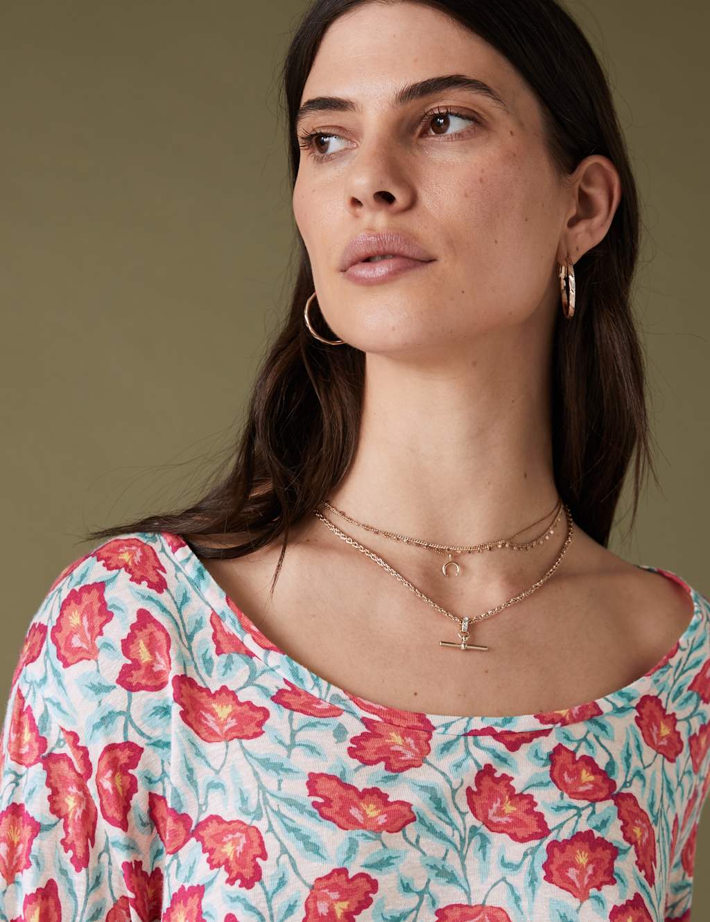 Linen Blend Printed Round Neck Top image 3