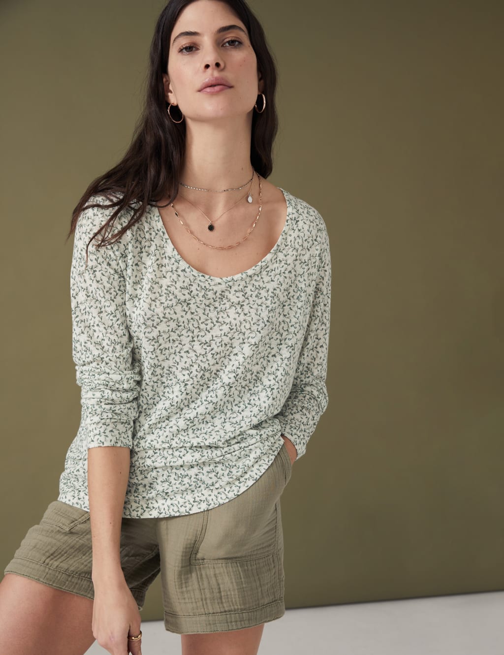 Linen Blend Printed Round Neck Top image 1