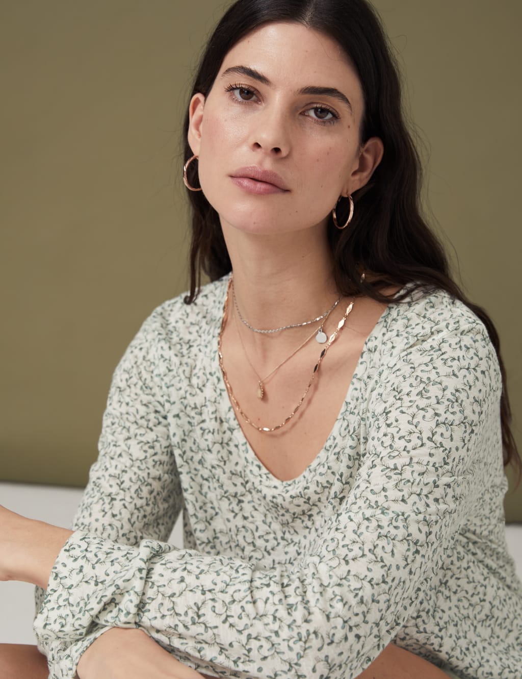 Linen Blend Printed Round Neck Top image 2