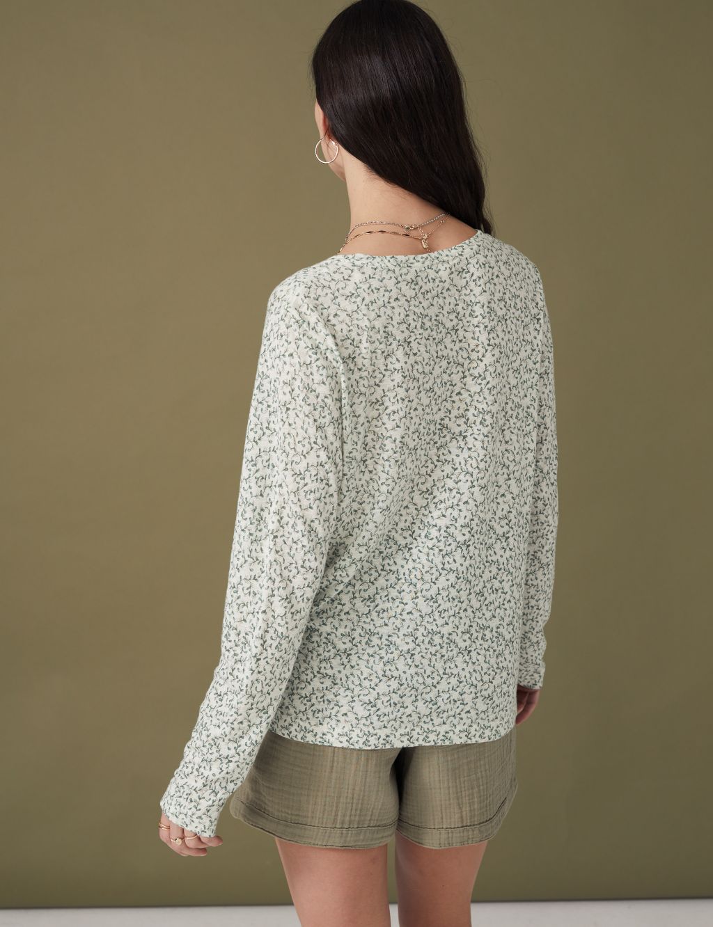 Linen Blend Printed Round Neck Top image 5