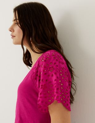

Womens Per Una Pure Cotton Broderie Detail T-Shirt - Cyclamen, Cyclamen