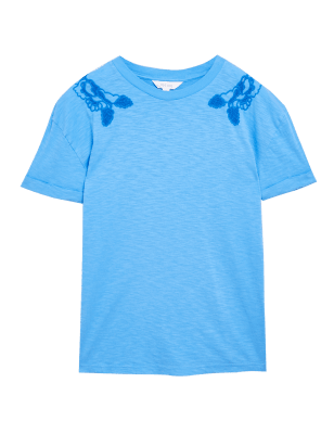 

Womens Per Una Pure Cotton Embroidered Crew Neck T-Shirt - Blue Mix, Blue Mix